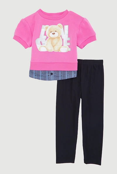 Toddler Girls Love Bear Graphic Layered Look Sweatshirt and Pants Set, Multi, Size 4T