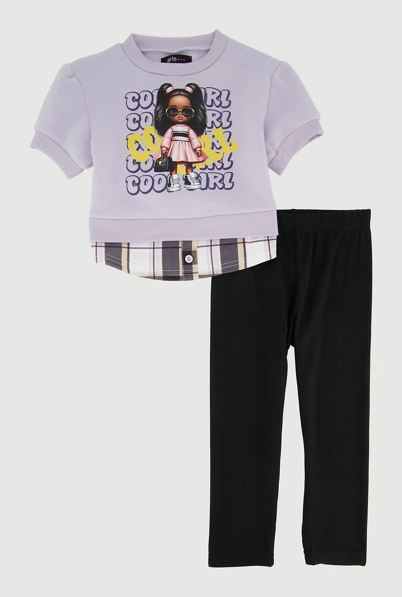 Toddler Girls Cool Girl Plaid Hem Sweatshirt and Leggings, Purple, Size 2T