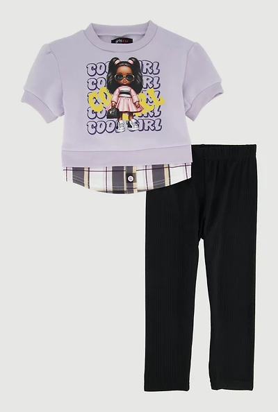 Toddler Girls Cool Girl Plaid Hem Sweatshirt and Leggings, Purple, Size 2T