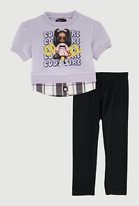 Toddler Girls Cool Girl Plaid Hem Sweatshirt and Leggings, Purple, Size 2T