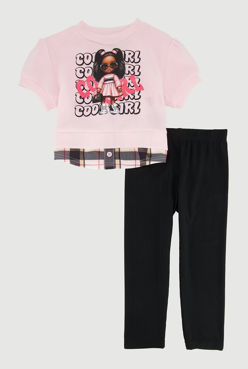 Toddler Girls Cool Girl Plaid Hem Sweatshirt and Leggings,