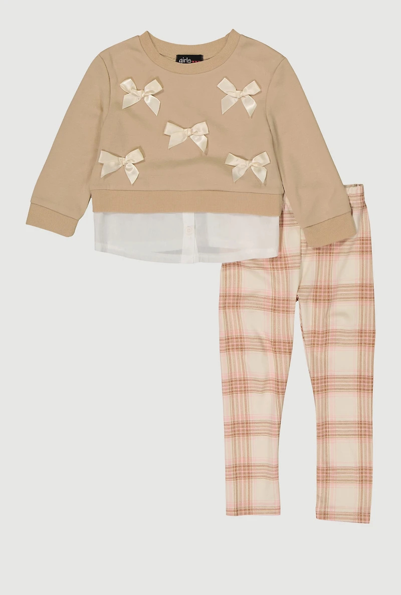 Toddler Girls Layered Look Bow Detail Sweatshirt and Joggers, Beige,