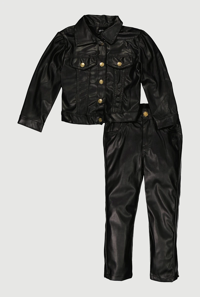 Toddler Girls Snap Button Front Faux Leather Shacket and Pants, Black, Size 2T