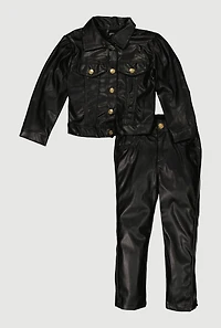 Toddler Girls Snap Button Front Faux Leather Shacket and Pants, Black, Size 2T