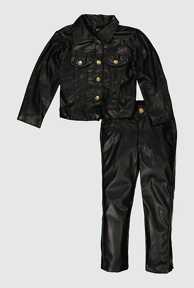 Toddler Girls Snap Button Front Faux Leather Shacket and Pants, Black, Size 4T