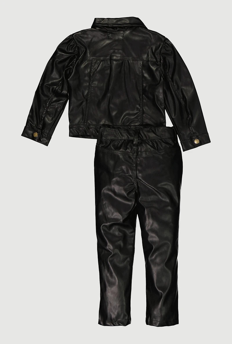 Toddler Girls Snap Button Front Faux Leather Shacket and Pants, Black, Size 2T