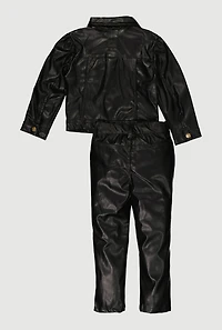Toddler Girls Snap Button Front Faux Leather Shacket and Pants, Black, Size 2T
