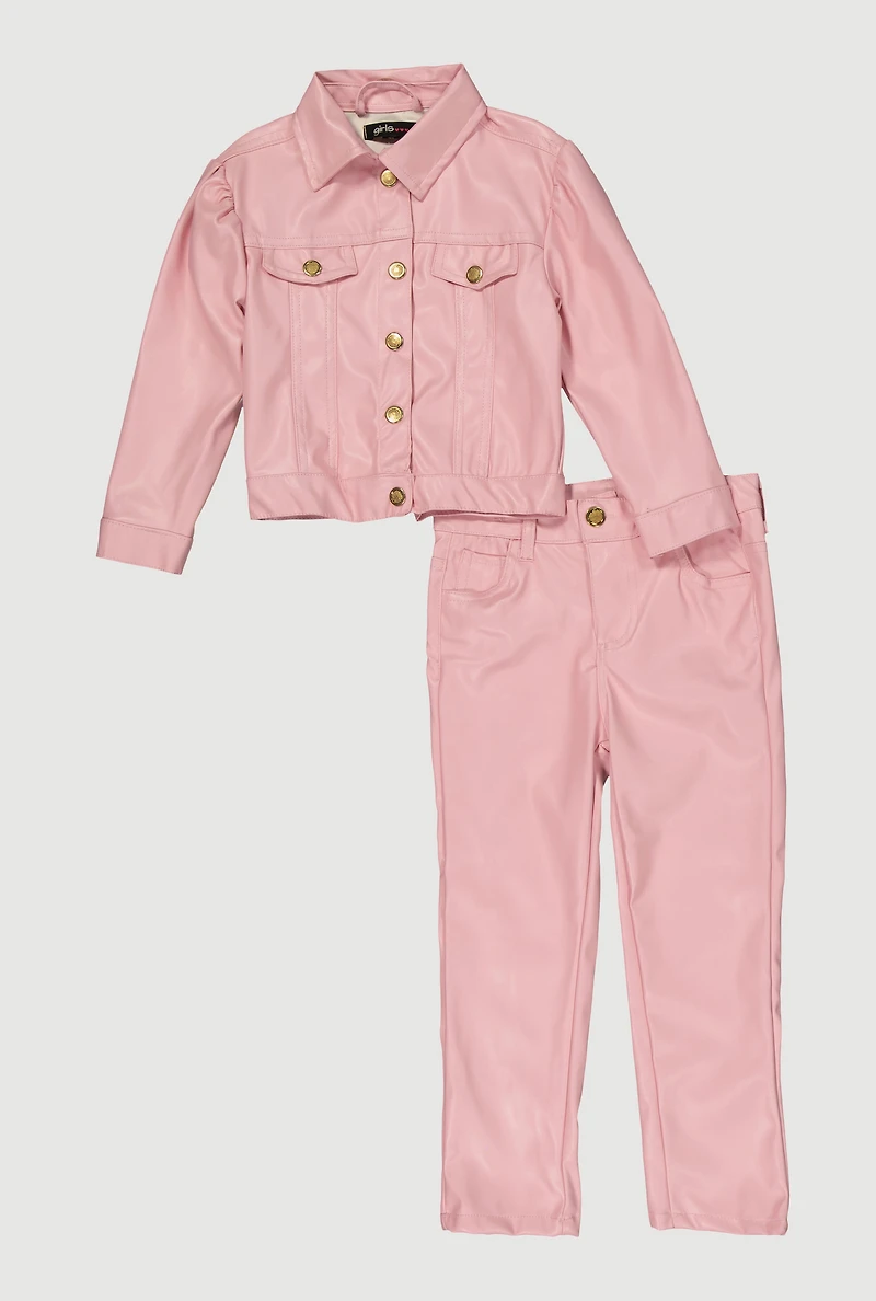 Toddler Girls Faux Leather Button Front Shacket and Pants, Pink,