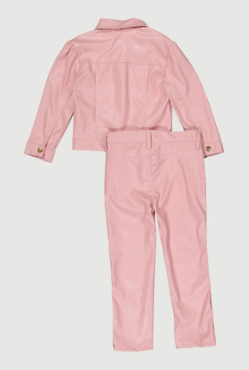 Toddler Girls Faux Leather Button Front Shacket and Pants, Pink,