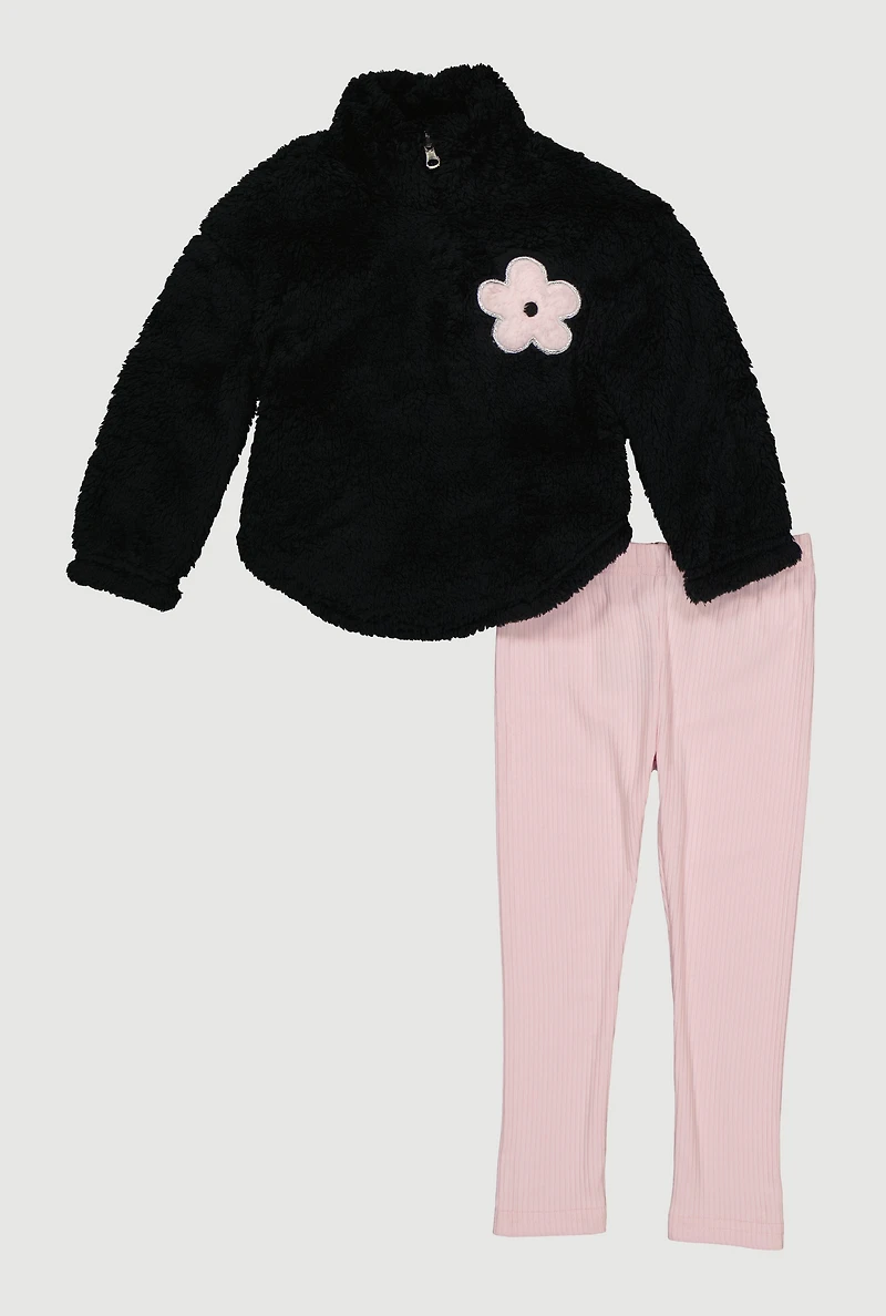 Toddler Girls Flower Graphic Sherpa Pullover and Leggings, Black, Size 4T