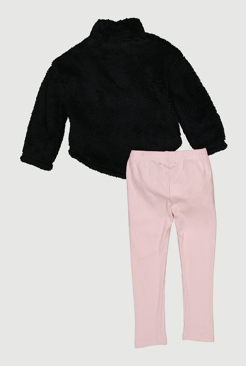 Toddler Girls Flower Graphic Sherpa Pullover and Leggings, Black, Size 4T