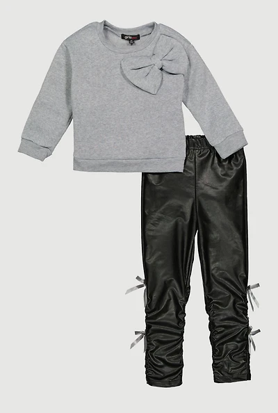 Toddler Girls Sweatshirt and Faux Leather Leggings with Bows