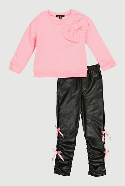 Toddler Girls Sweatshirt and Faux Leather Leggings with Bows, Pink, Size 2T