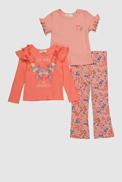 Toddler Girls So Perfect Floral Graphic Tees and Flared Leggings Set, Orange, Size 3T