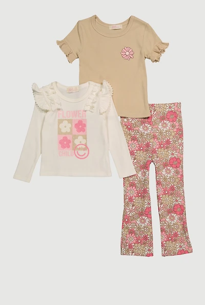 Toddler Girls Ruffle Trim Floral Graphic Tees and Flared Leggings Set