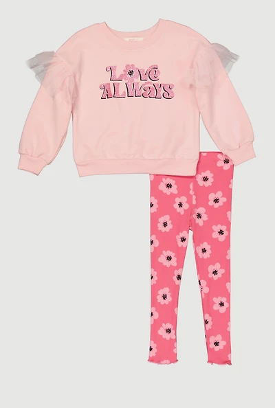 Toddler Girls Love Always Flower Graphic Sweatshirt and Leggings, Pink, Size 4T