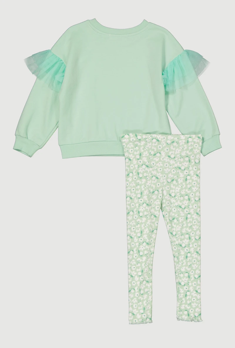 Toddler Girls Floral Graphic Flutter Sleeve Sweatshirt and Leggings, Green, Size 3T