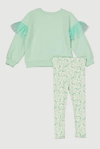 Toddler Girls Floral Graphic Flutter Sleeve Sweatshirt and Leggings, Green, Size 3T