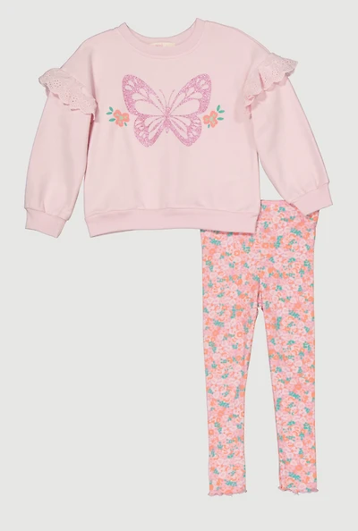 Toddler Girls Glitter Butterfly Print Sweatshirt and Leggings, Pink, Size 5T