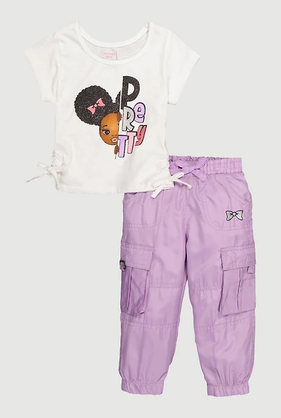 Toddler Girls Pretty Glitter Graphic Tee and Parachute Joggers, Purple, Size 4T