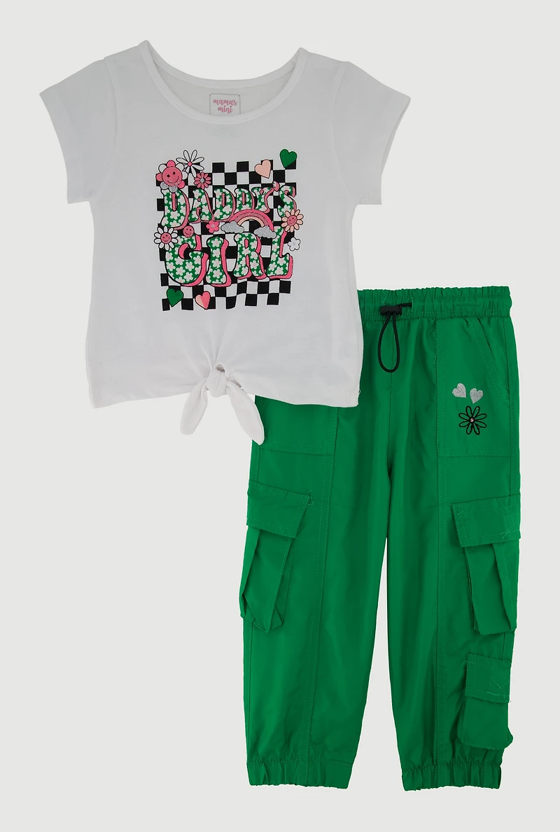 Toddler Girls Daddys Girl Graphic Tie Front Tee and Joggers, Multi, Size 2T
