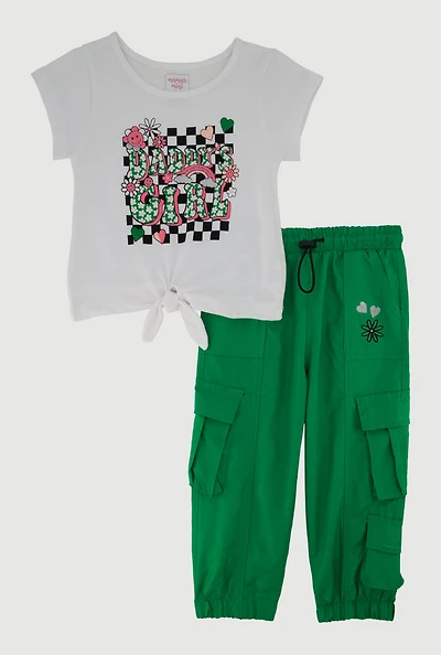 Toddler Girls Daddys Girl Graphic Tie Front Tee and Joggers, Green, Size 4T