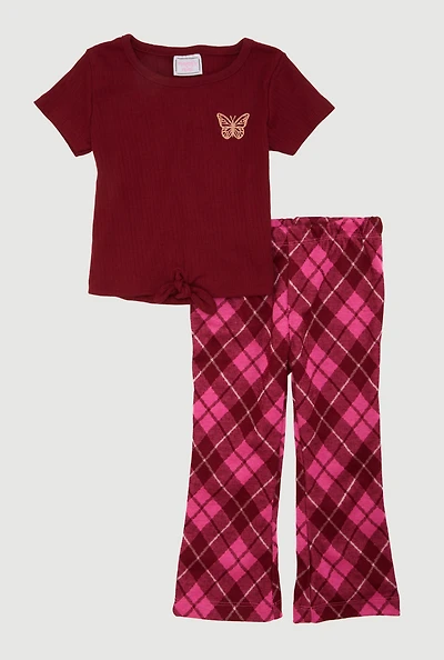 Toddler Girls Butterfly Embroidered Tee and Flared Pants, Burgundy, Size 3T