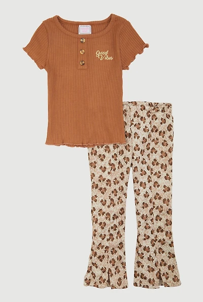 Toddler Girls Good Vibes Graphic Tee and Leopard Print Pants, Brown, Size 3T