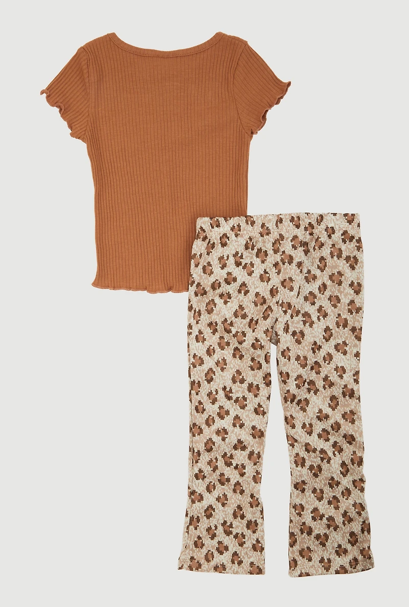 Toddler Girls Good Vibes Graphic Tee and Leopard Print Pants, Brown, Size 3T