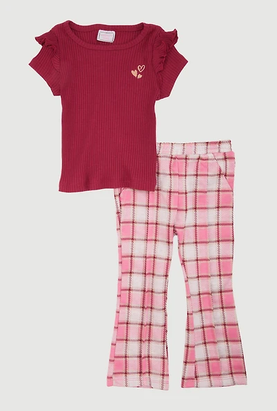 Toddler Girls Heart Embroidered Graphic Tee and Plaid Pants, Multi, Size 3T