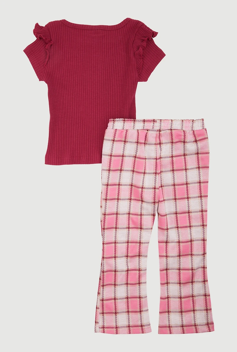 Toddler Girls Heart Embroidered Graphic Tee and Plaid Pants, Multi, Size 3T