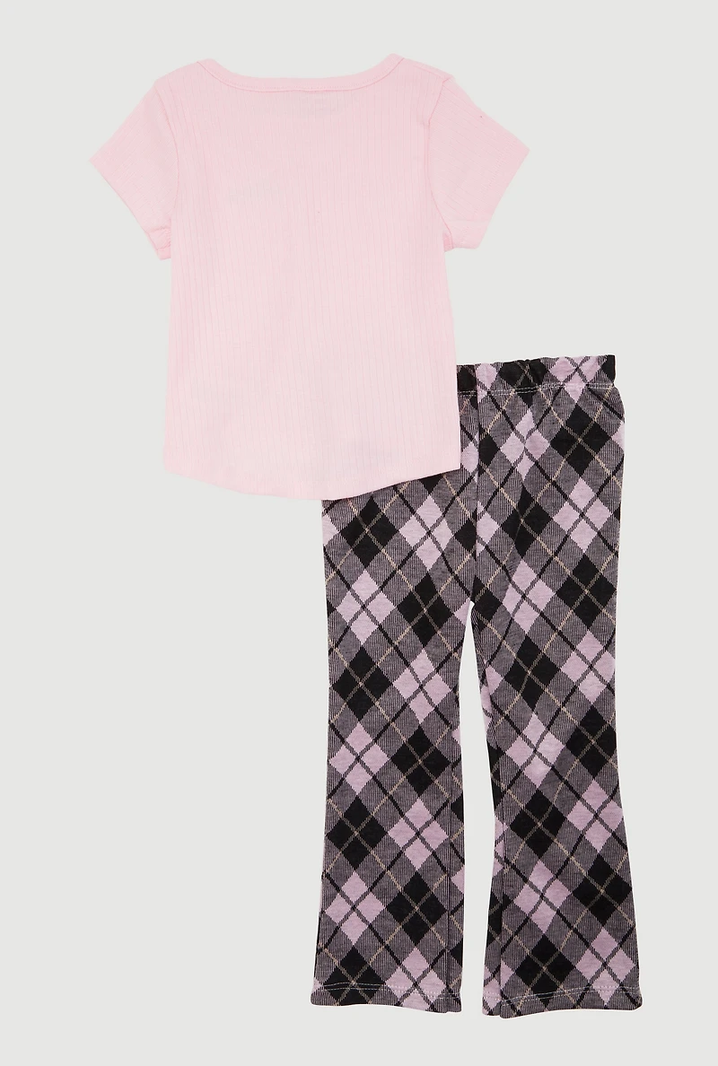 Toddler Girls Love Graphic Tee and Flared Plaid Pants, Pink, Size 3T