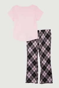 Toddler Girls Love Graphic Tee and Flared Plaid Pants, Pink, Size 3T