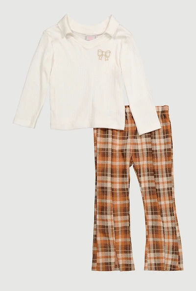 Toddler Girls Bow Embroidered Polo Top and Plaid Pants, Brown, Size 4T