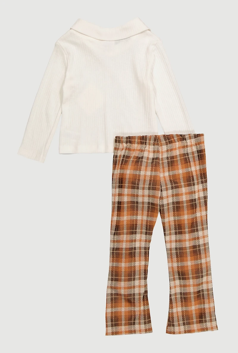 Toddler Girls Bow Embroidered Polo Top and Plaid Pants, Brown,