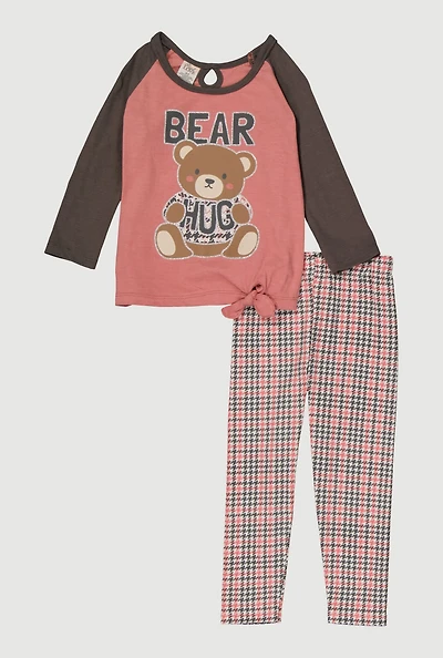 Toddler Girls Bear Hug Graphic Tee and Houndstooth Leggings, Pink, Size 3T