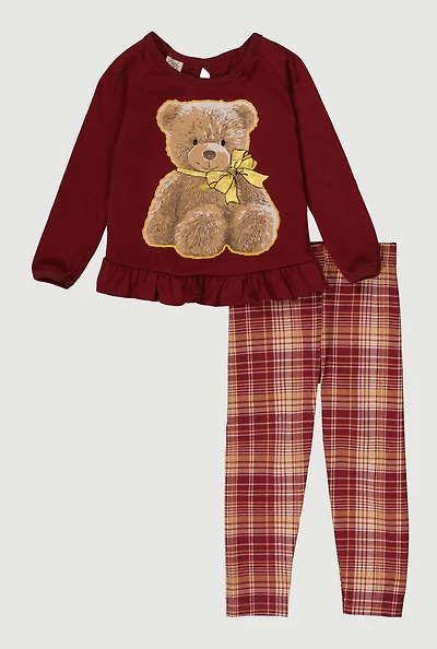 Toddler Girls Teddy Bear Graphic Blouse and Plaid Leggings, Burgundy, Size 2T