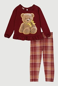 Toddler Girls Teddy Bear Graphic Blouse and Plaid Leggings