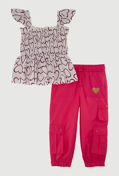 Toddler Girls Heart Print Top and Parachute Joggers, Pink, Size 2T