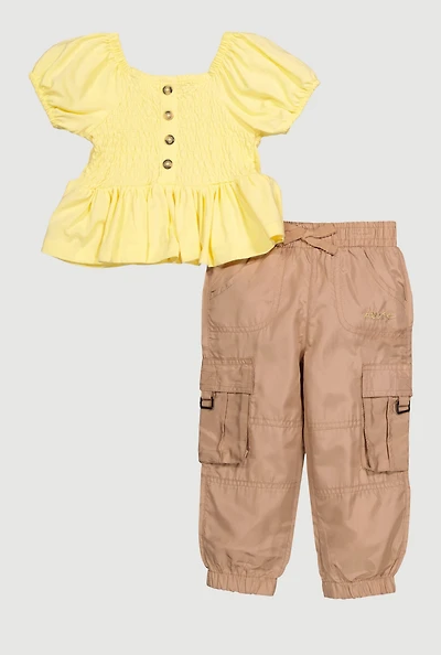 Toddler Girls Smocked Peplum Top and Love Embroidered Joggers, Multi, Size 3T