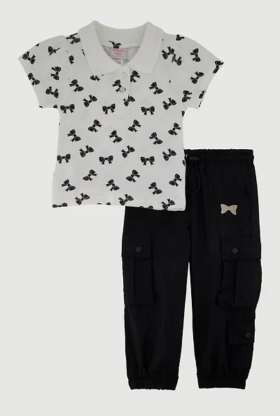 Toddler Girls Bow Print Polo Shirt and Parachute Joggers, Black, Size 3T