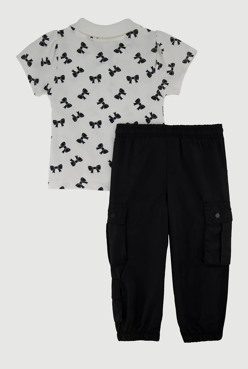 Toddler Girls Bow Print Polo Shirt and Parachute Joggers, Black, Size 4T
