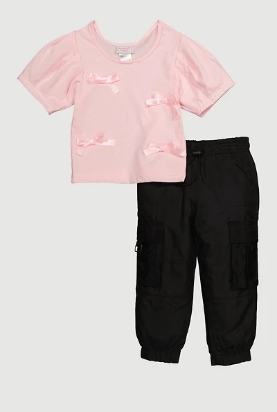 Toddler Girls Bow Detail Tee and Toggle Drawstring Cargo Joggers, Multi,