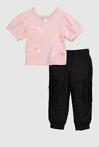 Toddler Girls Bow Detail Tee and Toggle Drawstring Cargo Joggers, Multi,
