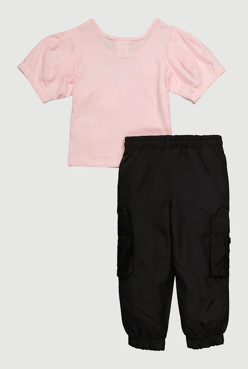 Toddler Girls Bow Detail Tee and Toggle Drawstring Cargo Joggers, Pink, Size 2T