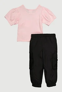Toddler Girls Bow Detail Tee and Toggle Drawstring Cargo Joggers, Pink, Size 2T