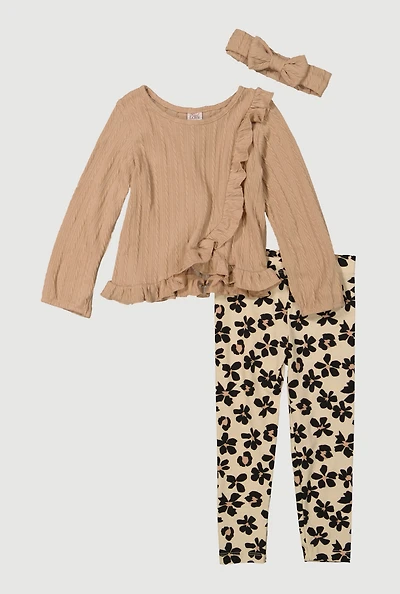 Toddler Girls Ruffle Blouse with Leggings and Headband, Brown, Size 4T