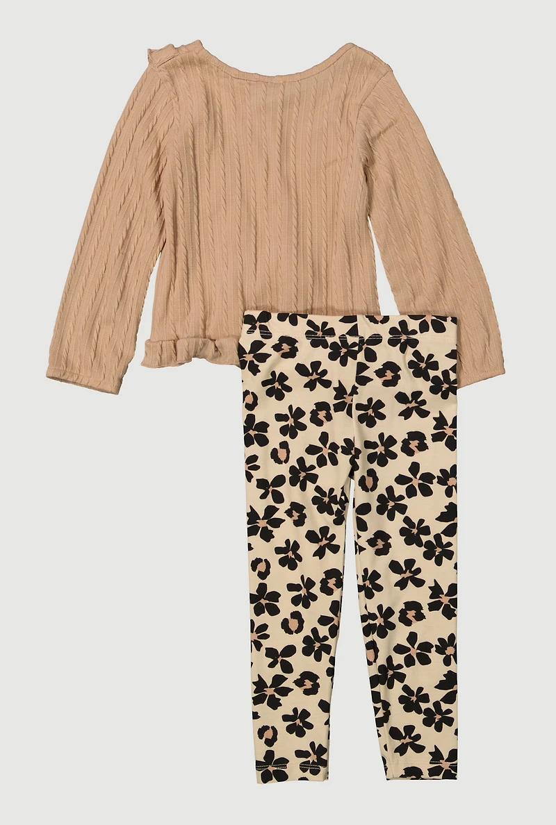 Toddler Girls Ruffle Blouse with Leggings and Headband, Brown, Size 4T