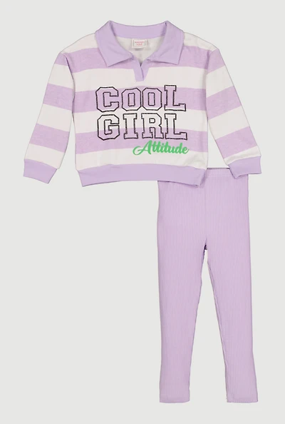 Toddler Girls Striped Cool Girl Glitter Graphic Polo Top and Leggings