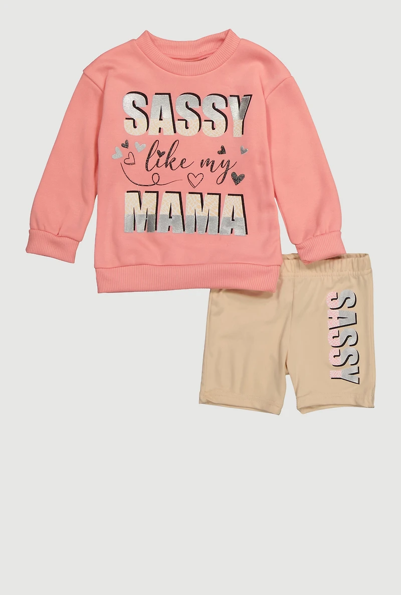Toddler Girls Sassy Graphic Sweatshirt and Bike Shorts Set, Pink, Size 2T